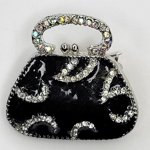 HANDBAG Brooch in Black Enamel with Crystals - Picture 3 of 5